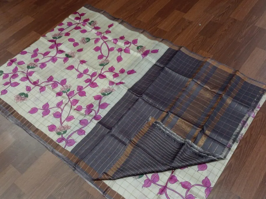 Pure Handloom Tussar Silk Hand Painted Pen Kalmakari Saree